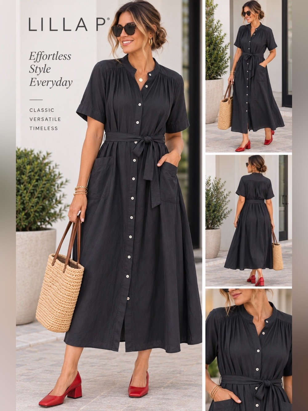 Lilla P Black Button-Front Maxi Dress with Tie Waist and Pockets